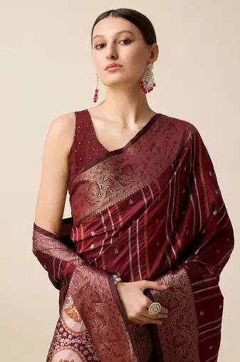 Maroon Woven Faux Kanchipuram Zari Silk saree With Blouse Piece