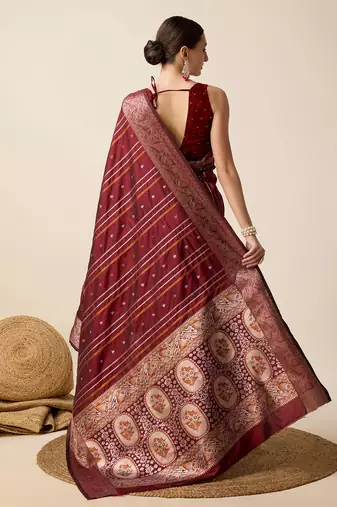 Maroon Woven Faux Kanchipuram Zari Silk saree With Blouse Piece