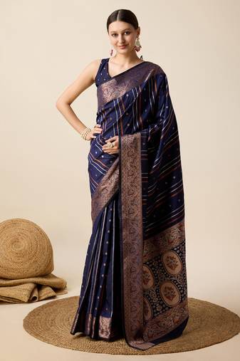 Navy Blue Woven Faux Kanchipuram Zari Silk saree With Blouse Piece