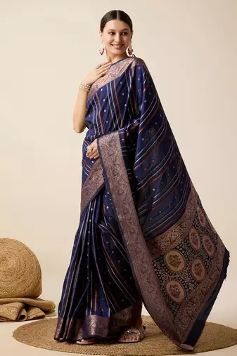Navy Blue Woven Faux Kanchipuram Zari Silk saree With Blouse Piece