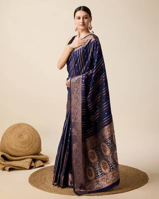 Navy Blue Woven Faux Kanchipuram Zari Silk saree With Blouse Piece 3