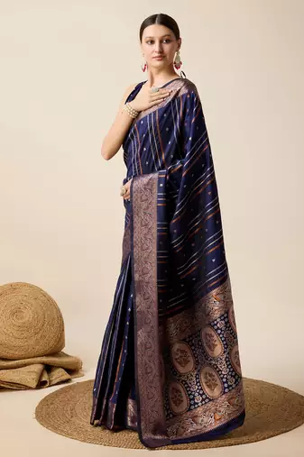Navy Blue Woven Faux Kanchipuram Zari Silk saree With Blouse Piece