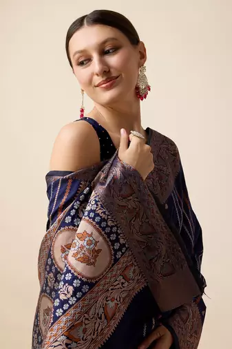Navy Blue Woven Faux Kanchipuram Zari Silk saree With Blouse Piece