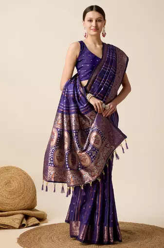 Royal Blue Woven Faux Kanchipuram Zari Silk saree With Blouse Piece