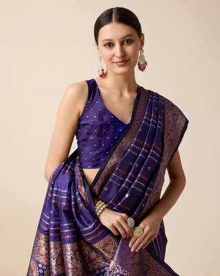 Royal Blue Woven Faux Kanchipuram Zari Silk saree With Blouse Piece 4