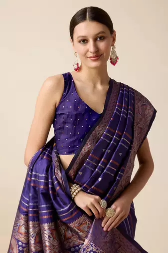 Royal Blue Woven Faux Kanchipuram Zari Silk saree With Blouse Piece