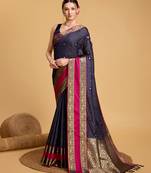 Navy Blue Woven Faux Kanchipuram Zari Silk saree With Blouse Piece