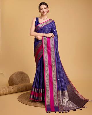 Royal Blue Woven Faux Kanchipuram Zari Silk saree With Blouse Piece 1