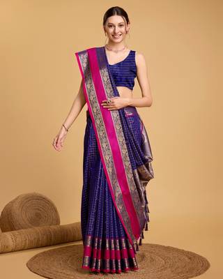 Royal Blue Woven Faux Kanchipuram Zari Silk saree With Blouse Piece 2