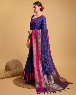 Royal Blue Woven Faux Kanchipuram Zari Silk saree With Blouse Piece 3