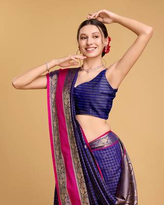 Royal Blue Woven Faux Kanchipuram Zari Silk saree With Blouse Piece 4
