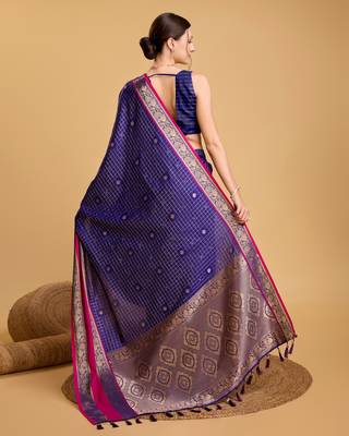 Royal Blue Woven Faux Kanchipuram Zari Silk saree With Blouse Piece 5