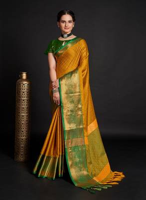 Mustard Woven Faux Kanchipuram Zari Silk Sarees With Blouse Piece 1