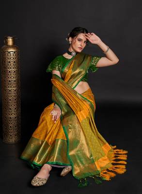 Mustard Woven Faux Kanchipuram Zari Silk Sarees With Blouse Piece 2