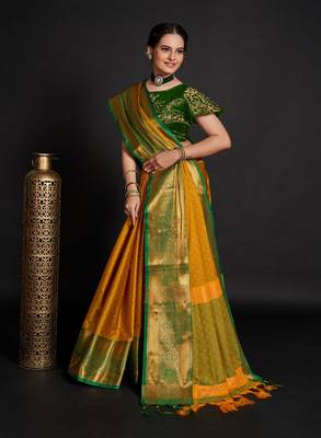 Mustard Woven Faux Kanchipuram Zari Silk Sarees With Blouse Piece 3