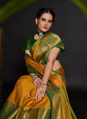 Mustard Woven Faux Kanchipuram Zari Silk Sarees With Blouse Piece 4