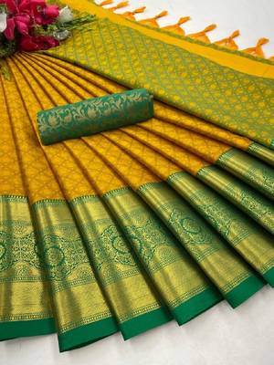 Mustard Woven Faux Kanchipuram Zari Silk Sarees With Blouse Piece 5