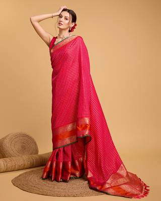 Dark Pink Woven Faux Kanchipuram Zari Silk saree With Blouse Piece 1