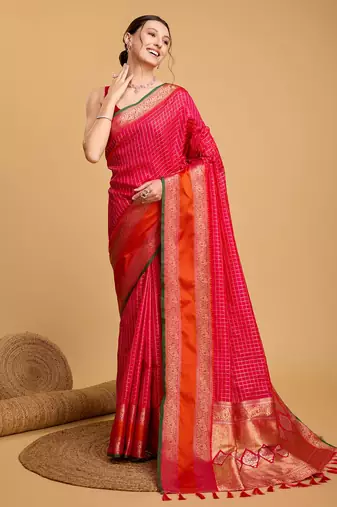 Dark Pink Woven Faux Kanchipuram Zari Silk saree With Blouse Piece