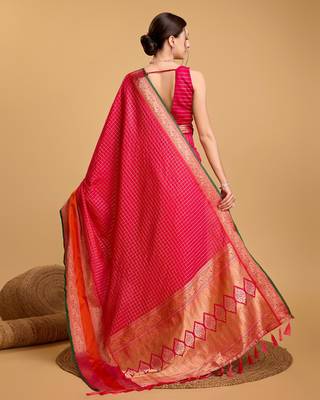 Dark Pink Woven Faux Kanchipuram Zari Silk saree With Blouse Piece 5