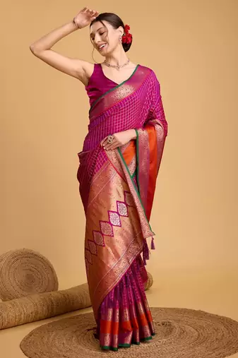 Hot Pink Woven Faux Kanchipuram Zari Silk saree With Blouse Piece