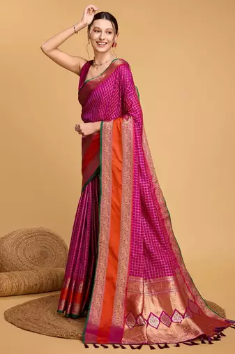 Hot Pink Woven Faux Kanchipuram Zari Silk saree With Blouse Piece
