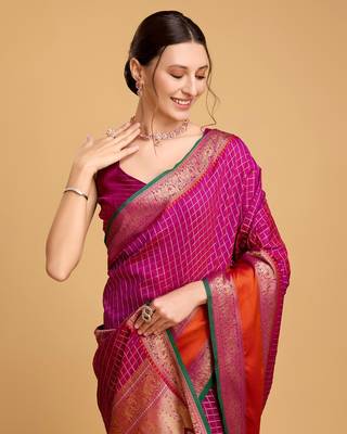 Hot Pink Woven Faux Kanchipuram Zari Silk saree With Blouse Piece 4