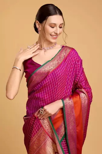 Hot Pink Woven Faux Kanchipuram Zari Silk saree With Blouse Piece