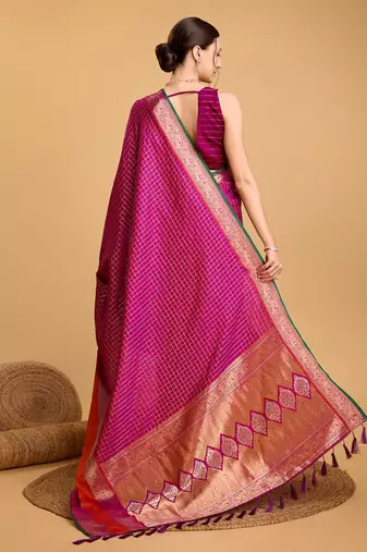 Hot Pink Woven Faux Kanchipuram Zari Silk saree With Blouse Piece