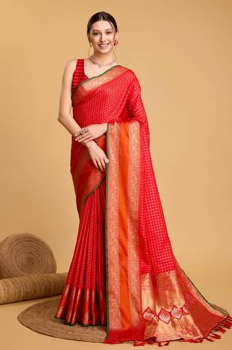Red Woven Faux Kanchipuram Zari Silk saree With Blouse Piece