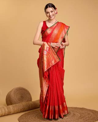 Red Woven Faux Kanchipuram Zari Silk saree With Blouse Piece 2