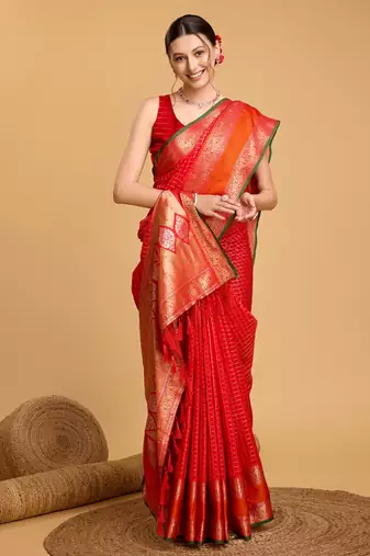 Red Woven Faux Kanchipuram Zari Silk saree With Blouse Piece