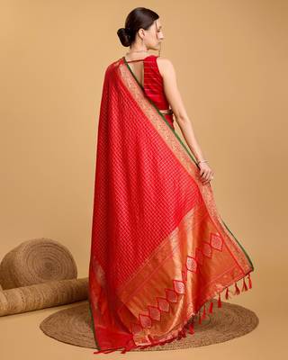 Red Woven Faux Kanchipuram Zari Silk saree With Blouse Piece 5