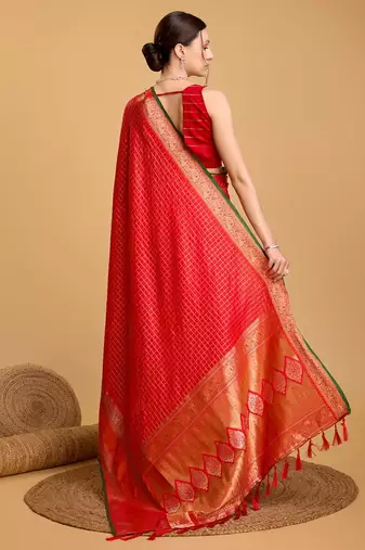 Red Woven Faux Kanchipuram Zari Silk saree With Blouse Piece