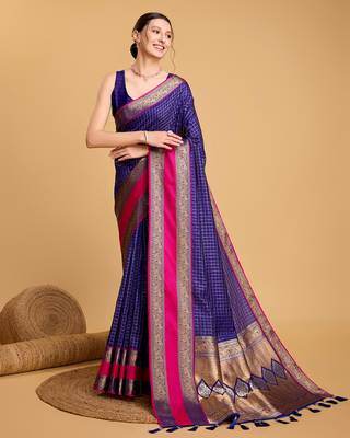 Royal Blue Woven Faux Kanchipuram Zari Silk saree With Blouse Piece 1