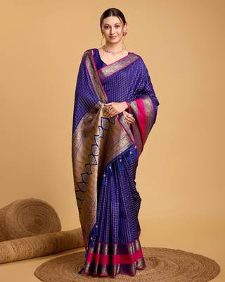 Royal Blue Woven Faux Kanchipuram Zari Silk saree With Blouse Piece 2