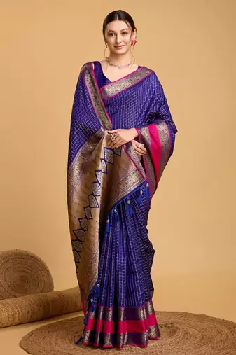 Royal Blue Woven Faux Kanchipuram Zari Silk saree With Blouse Piece
