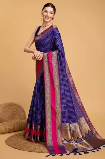 Royal Blue Woven Faux Kanchipuram Zari Silk saree With Blouse Piece