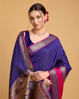 Royal Blue Woven Faux Kanchipuram Zari Silk saree With Blouse Piece 4