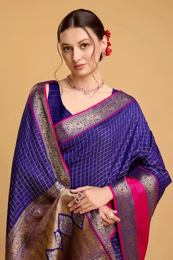 Royal Blue Woven Faux Kanchipuram Zari Silk saree With Blouse Piece
