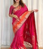 Dark Pink Woven Faux Kanchipuram Zari Silk saree With Blouse Piece