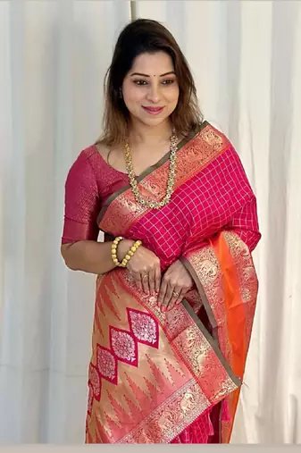 Dark Pink Woven Faux Kanchipuram Zari Silk saree With Blouse Piece