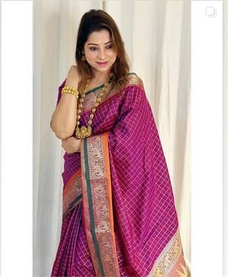 Hot Pink Woven Faux Kanchipuram Zari Silk saree With Blouse Piece 2