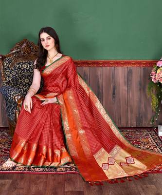 Red Woven Faux Kanchipuram Zari Silk saree With Blouse Piece 1