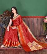 Red Woven Faux Kanchipuram Zari Silk saree With Blouse Piece