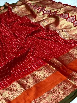Red Woven Faux Kanchipuram Zari Silk saree With Blouse Piece 2