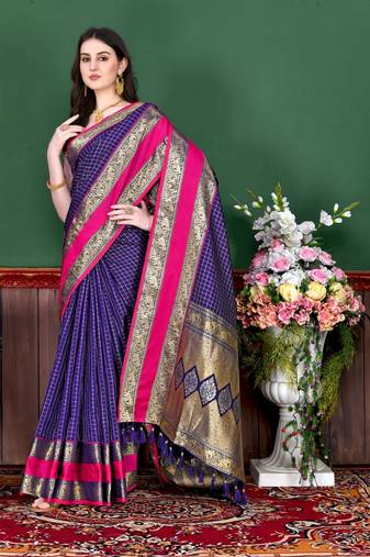 Royal Blue Woven Faux Kanchipuram Zari Silk saree With Blouse Piece