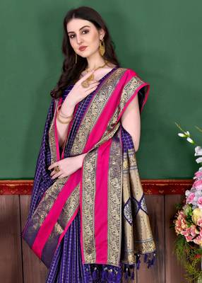 Royal Blue Woven Faux Kanchipuram Zari Silk saree With Blouse Piece 2