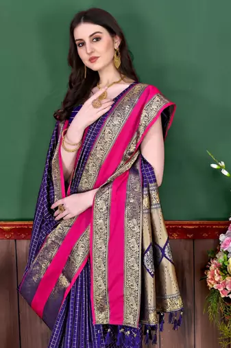 Royal Blue Woven Faux Kanchipuram Zari Silk saree With Blouse Piece