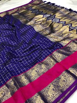 Royal Blue Woven Faux Kanchipuram Zari Silk saree With Blouse Piece 3